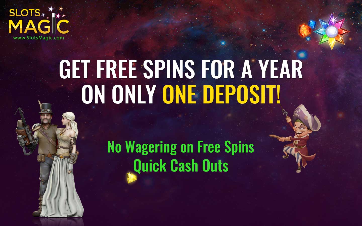 SlotsMagic free spins for a year offer